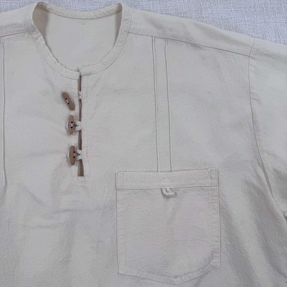 Handcrafted Raw Cotton Henley Shirt L Beige Guayabera Boho Toggle Button Summer